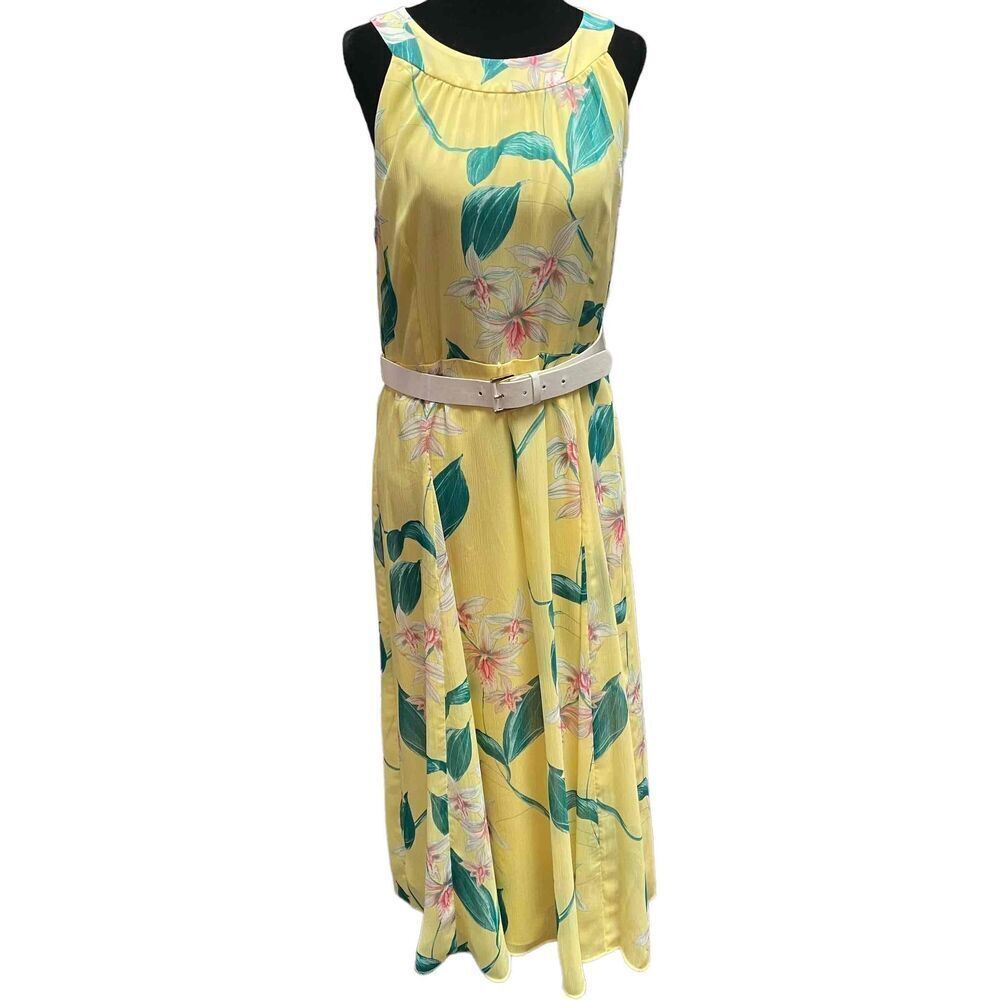 Tommy Hilfiger Womens Yellow Floral Sleeveless Round Belted Maxi Dress Size 10